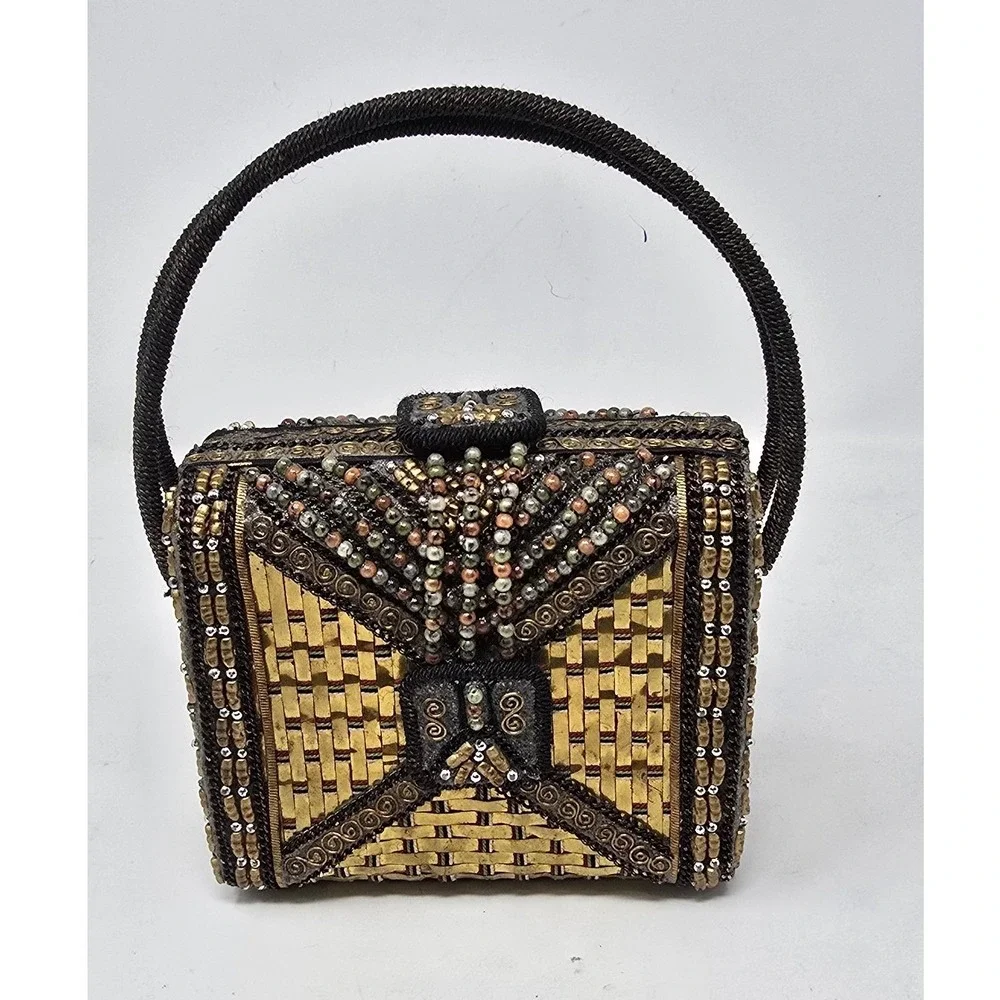 Vintage Mary Frances hard case handbag clutch metallic beaded accents